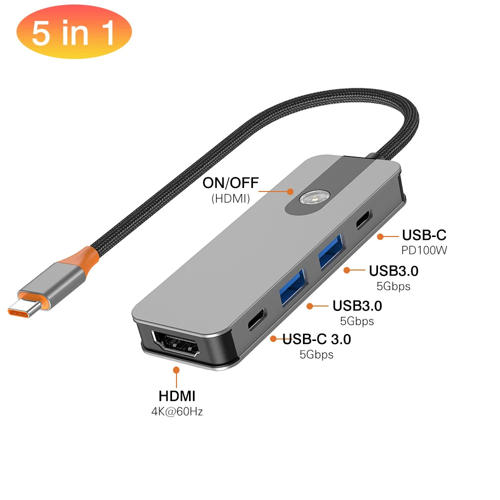 5/8 in 1 USB C to HDMI-Compatible 4K 60Hz Adapter Type C Splitter USB3.0/3.1 HUB Docking Station PD SD TF 3.5mm for Laptop iPad