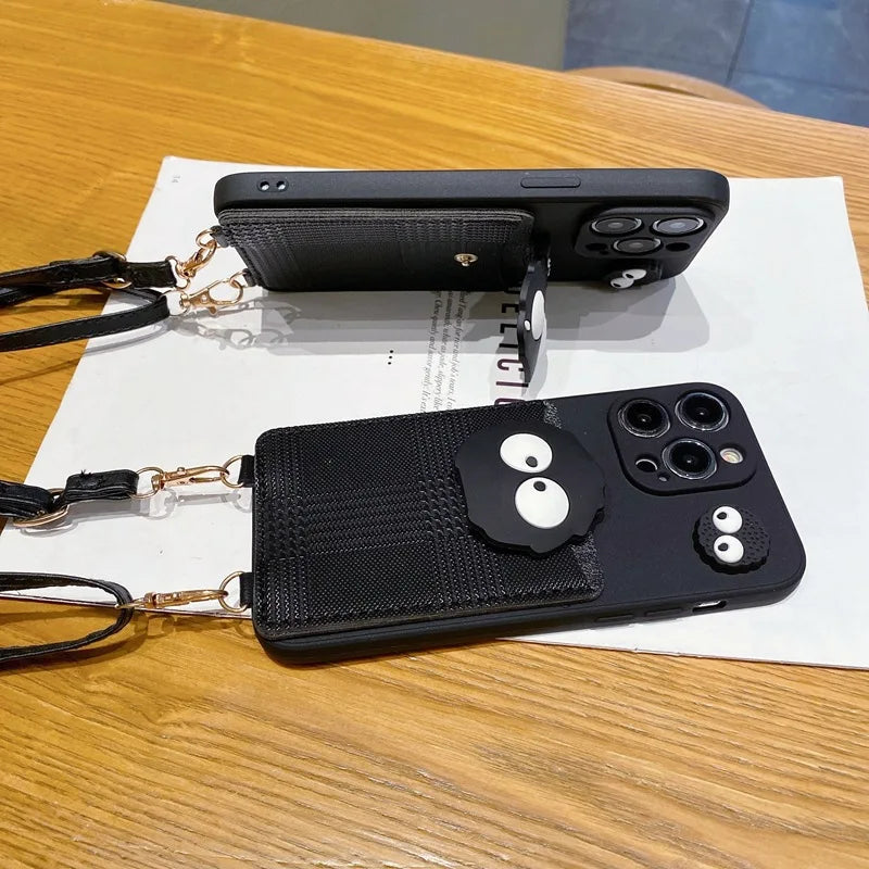 Funny 3D Crossbody Cover Black Coal Ball Card Bag Lanyard Phone Case For iPhone 17 Pro max 16 15 14 Plus 13 12 11 Pro Max Xs XR