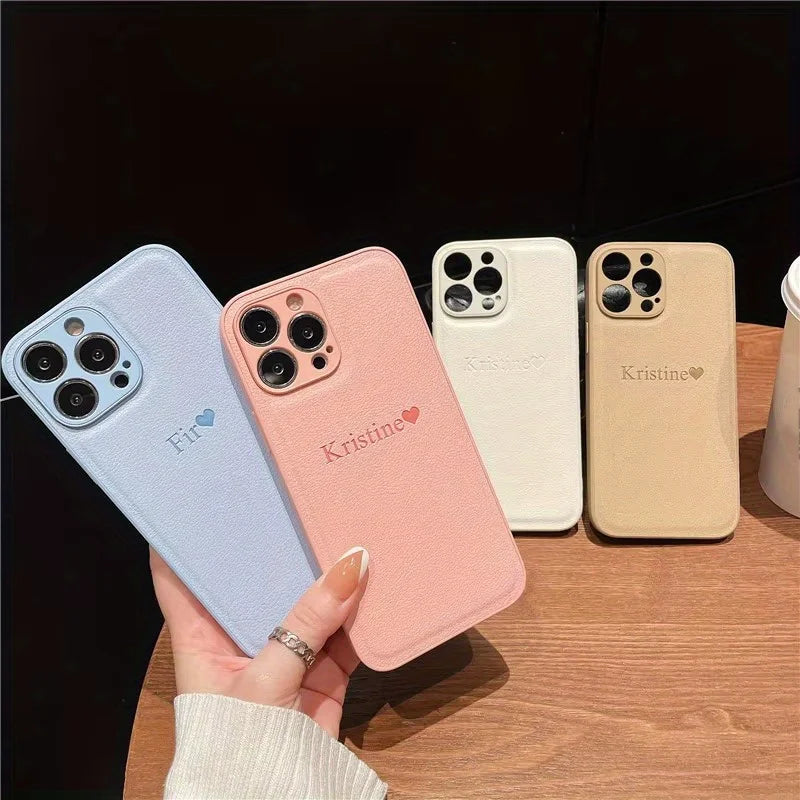 Personalize Customize DIY Initial Name Leather Soft Case For iPhone 16 15 14 Pro Max 11 12 13 X S XR 7 8 Plus Protective Cover
