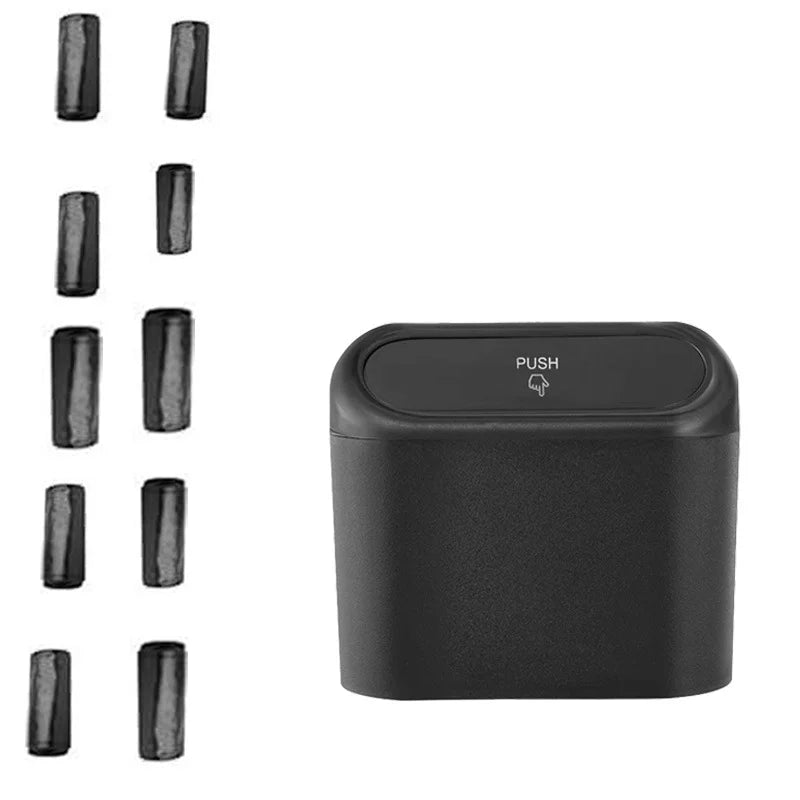 Leakproof Mini Car Trash Can With Lid Vehicle Interior Accessory Comes With 10 Rolls 150Pcs Black Garbage Bags