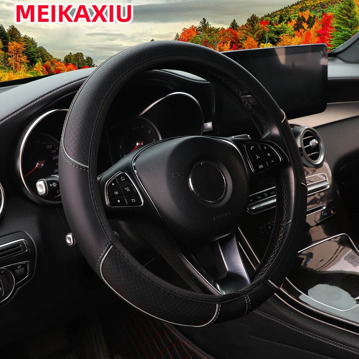 A Leather Embossed Red Blue Strip Trim Car Without Inner Ring Steering Wheel Cover Fits 14.5-15" 37-38cm Car Interior Supplies