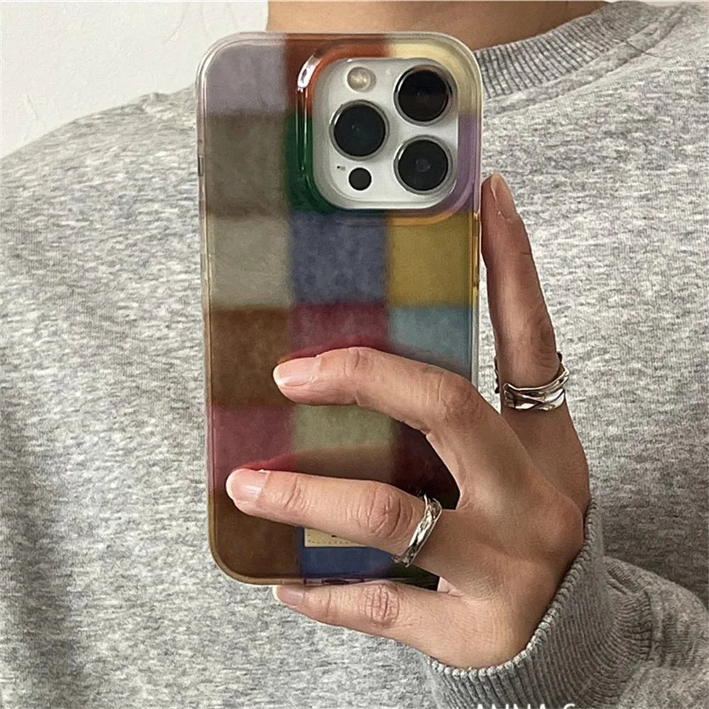 Cute Dopamine Color Block Match Plaid Clear Case For iPhone 17 16 15 14 13 12 11 Pro Max XS XR X 7 8 Plus Checkered Soft Cover