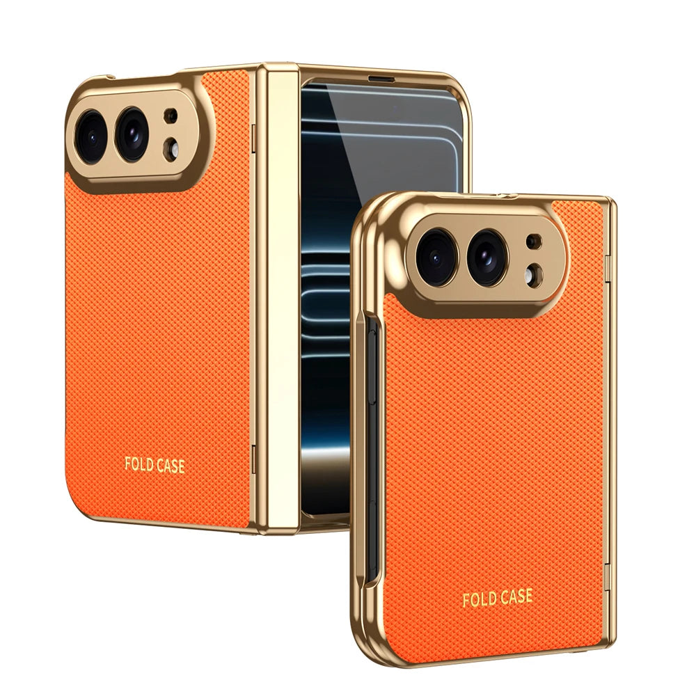 KEYSION Luxuxy PU Leather Fold Phone Case for iPhone Duo Plating Hard PC Shockproof Back Cover With Hinge+HD Screen Protector