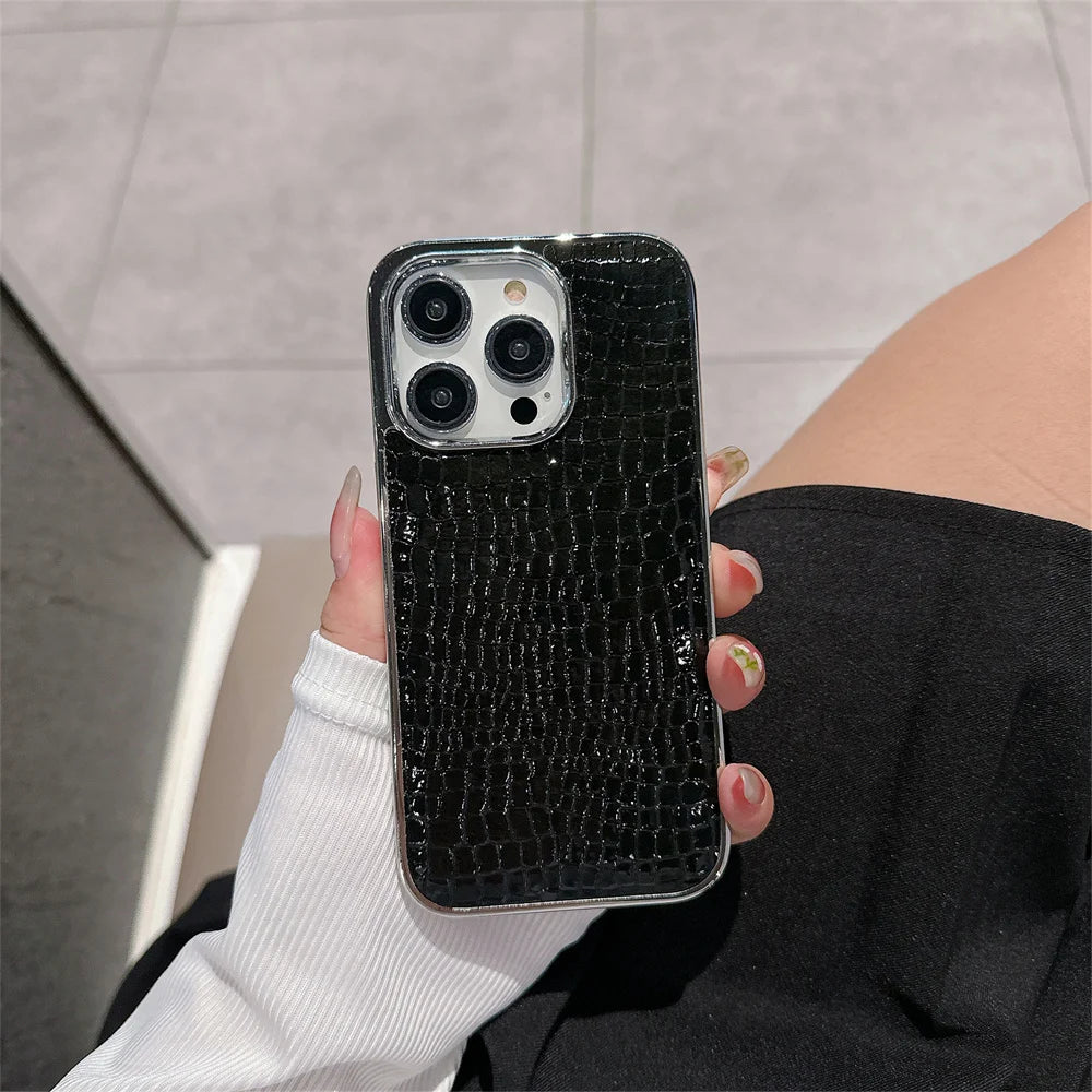 Luxury Glossy Crocodile Pattern Case For iPhone 17 Air 16 15 14 13 12 11 Pro Max Plus Plating Cool Armor Shockproof Bright Cover