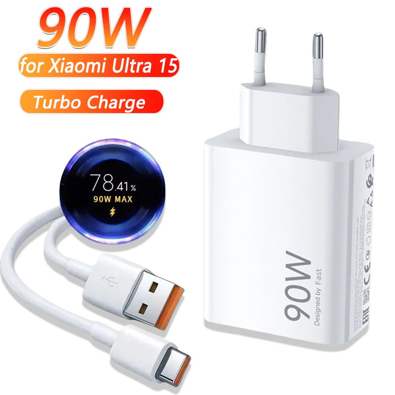 90W USB Fast Charger for Xiaomi 15 14 13 12 11 10 Ultra Note 12T 13 Pro Turbo Quick Charge Type C USB Charging Cable