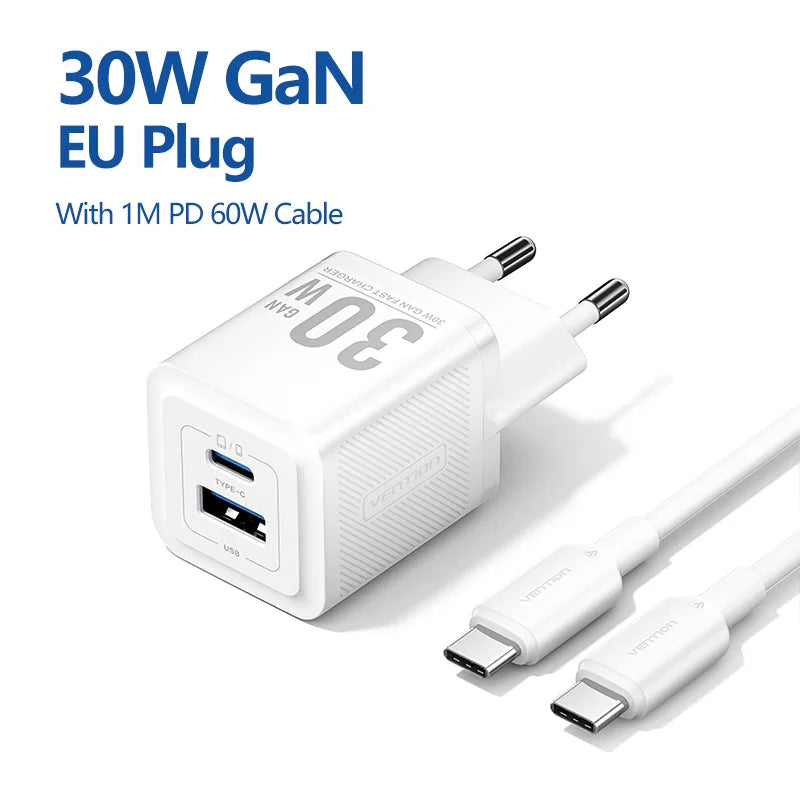 Vention GaN 30W Fast Charger for iPhone 17 16 15 14 13 PD3.0 Charger for iPad Pro Xiaomi Samsung USB Type C Mobile Phone Charger