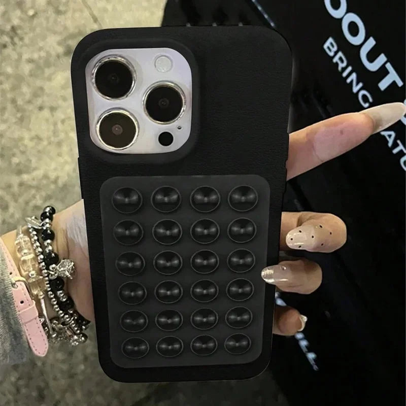 3D Suction Cup Stand Litchi Pattern Phone Case For iPhone 17 16 15 Pro Max Plus 16E 14 13 12 11 Pro Max X XS XR Shockproof Cover