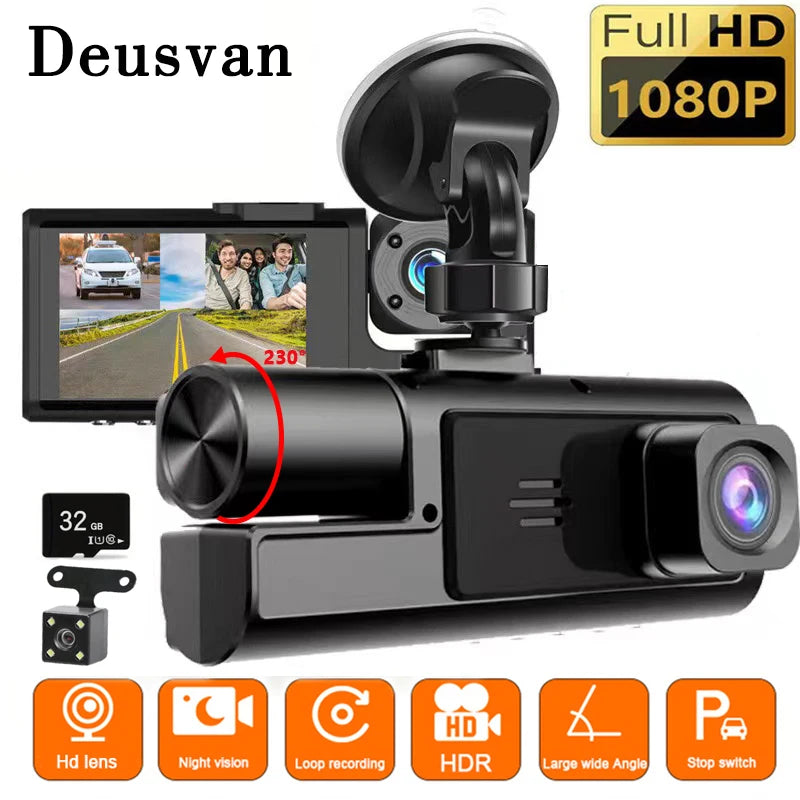 Deusvan 3 Cameras Dash Cam For Cars 1080P Car Camera Video Recorder Front inside Rear View Camera Car DVR Black Box Car Assecories