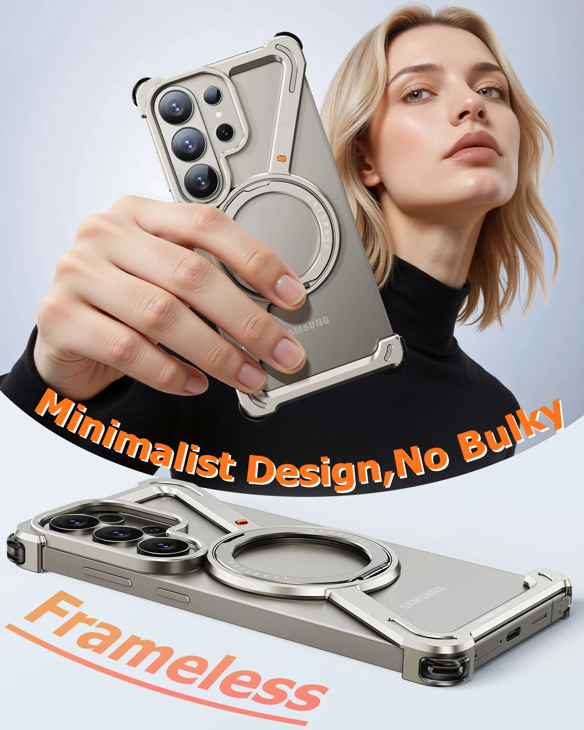 Eary Z Shape for Samsung Galaxy S26 Ultra Phone Case Frameless Metal Protective Case 360°Rotate Magnetic Stand Shockproof Cover