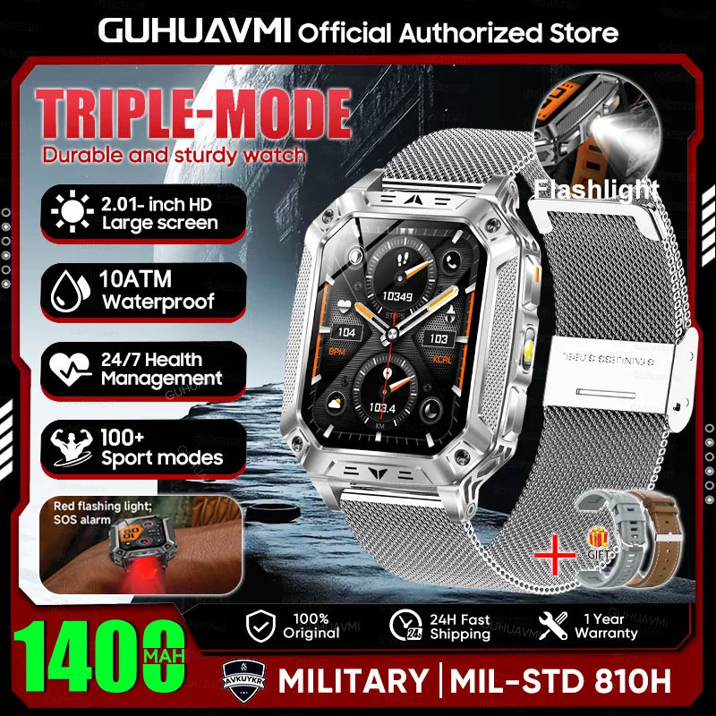 2026 New 1400mAh Large Battery Military Outdoor 2.01 inches Smart watch Men 10ATM Waterproof Bluetooth Call Sports Smart Watch