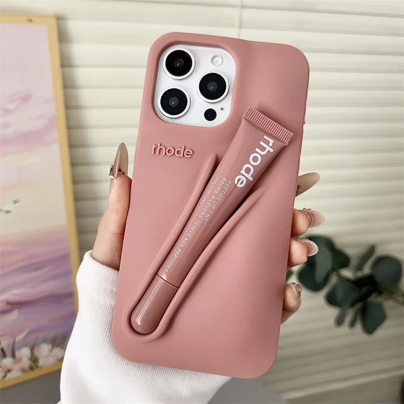 Makeup Brand Lemontini Dopamine Lip Gloss Case for iPhone 15 16 17 ProMax 12 13 14 Air Pro Max Plus Lipstick Holder Phone Cover
