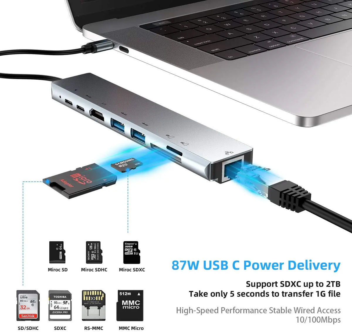 8in1 USB C Docking Station Hub Type-C Thunderbolt3 To 4K UHD TF/SD Card Reader USB 2.0 100M RJ45 Ethernet PD Charging Splitter
