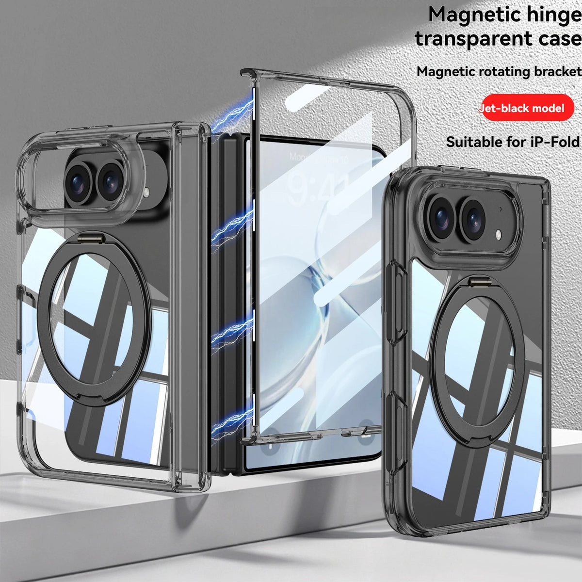 For iPhone Duo Fold Transparent Stand Phone Case with Magnetic Hinge Protection Compatible Film Integrated Design