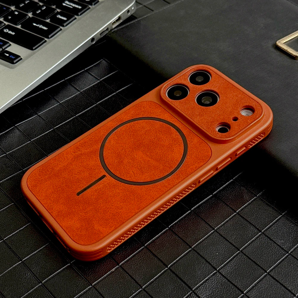 Luxury Faux Leather Case For iPhone 17 16 15 14 13 Pro Max 17Pro ProMax For Magsafe Wireless Charge Heat Dissipation Full Cover