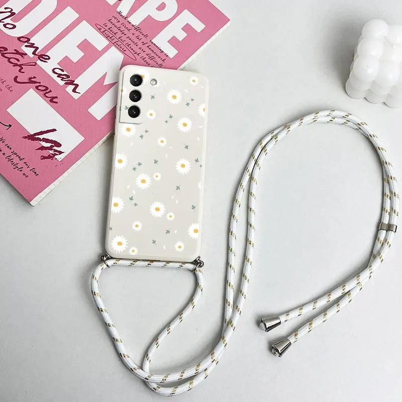 Deciduous Daisies Crossbody Lanyard Silicone Phone Case For Samsung Galaxy S23 S22 S21 S10 S8 Plus Note 20 ultra 10 Plus Cover