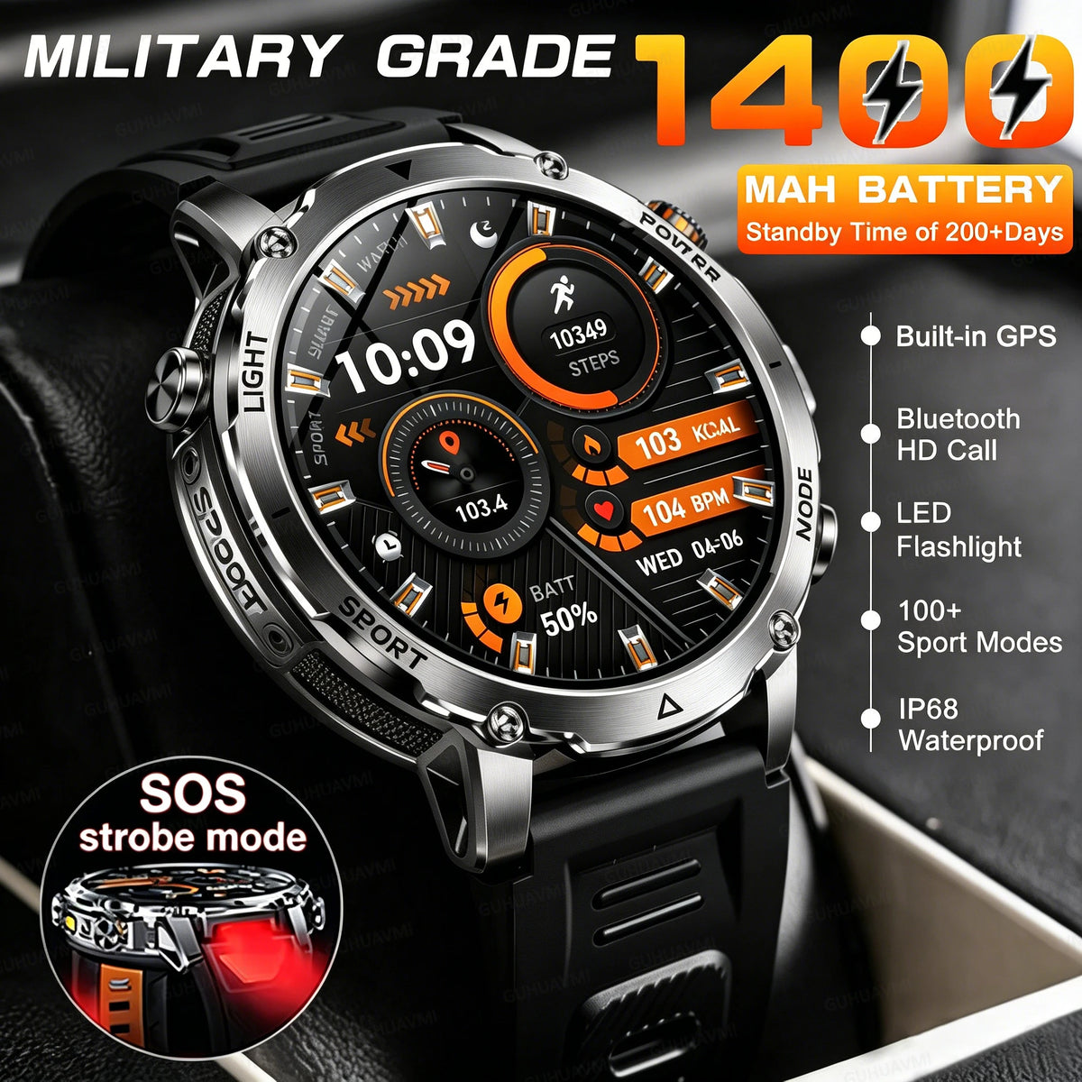 NEW Military 1400mAh Battery SmartWatch Men Outdoor LED Flashlight IP68 Waterproof Heart Rate SOS Bluetooth Call Sports Bracelet