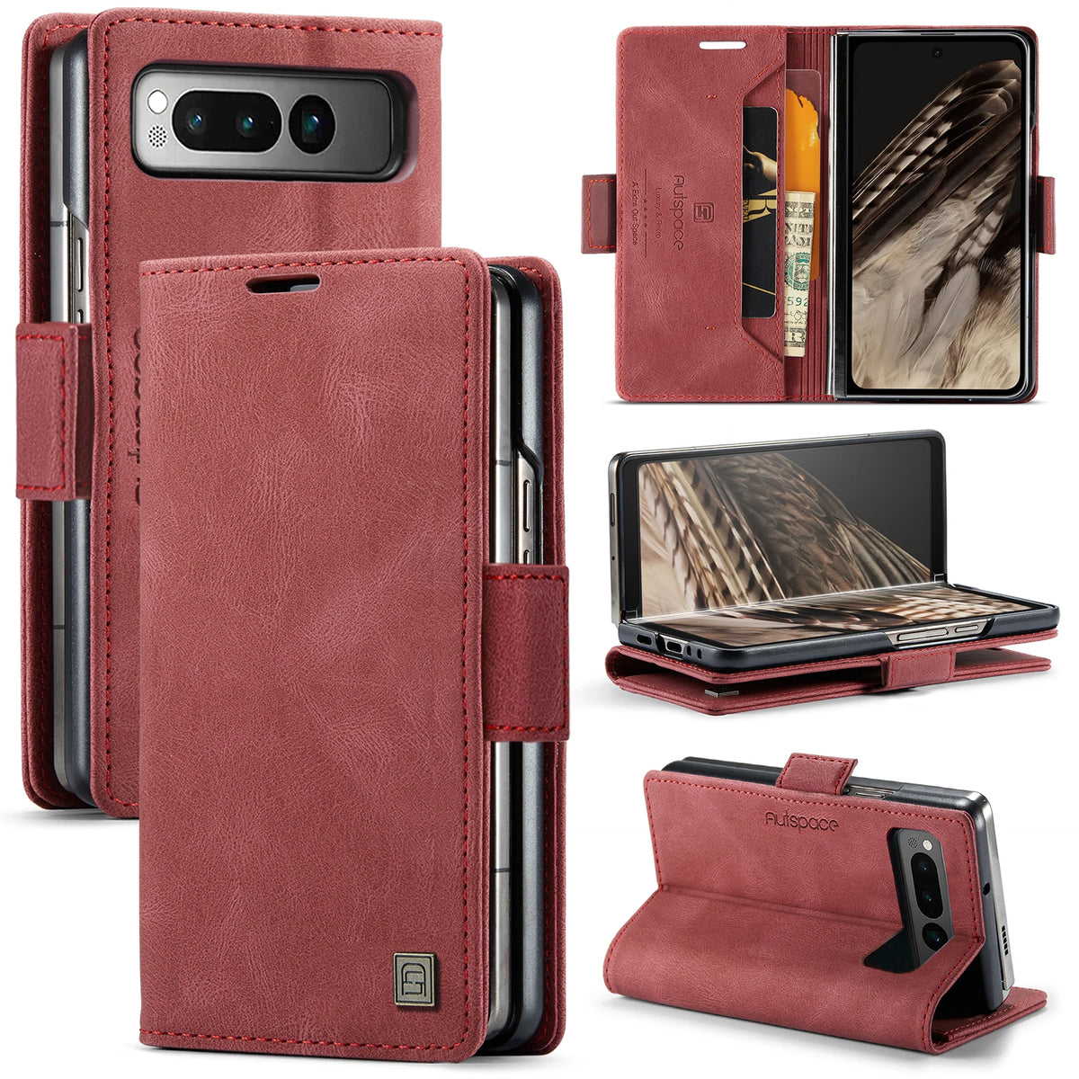 AUTSPACE Skin Feel Retro Leather Wallet Case for Google Pixel Fold Card Slots Holder Magnetic Clasp Folding Protective Case