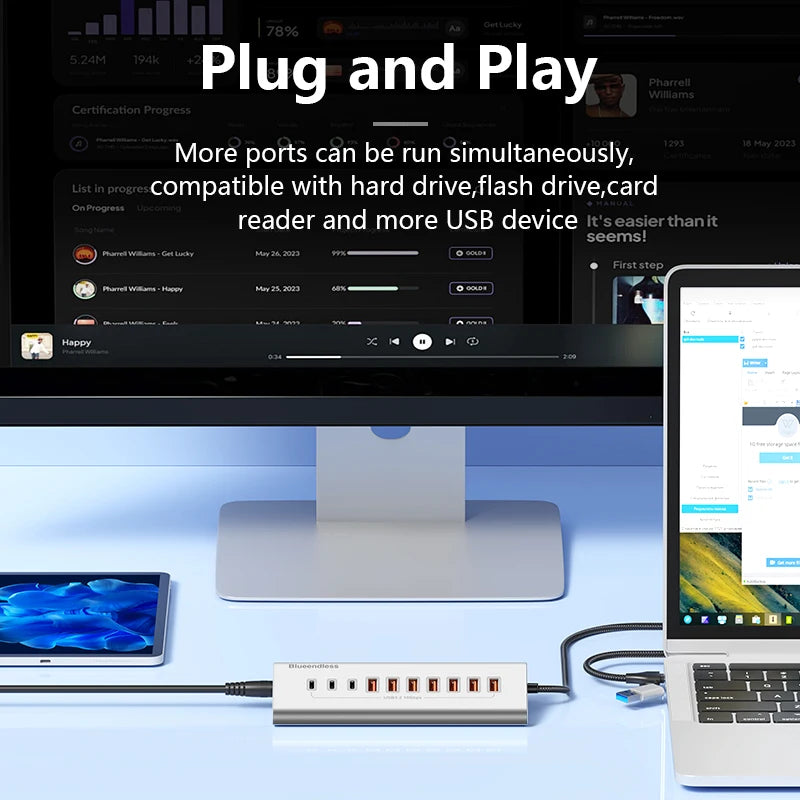 Blueendless Aluminium USB3.2 Gen2 10Gbps 7Ports 10 Ports USB-C Hub 7 in 1 10 in 1 USB-A Splitter Adapter for Laptop macbook