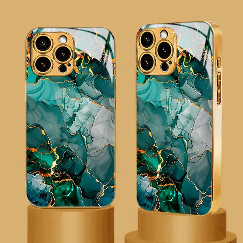 Green Gold Dali Texture Tempered Glass Phone Case For iPhone 17 Pro Max 14 15 16 Plus 11 12 13 Pro Max 16E 17Air Protect Cover