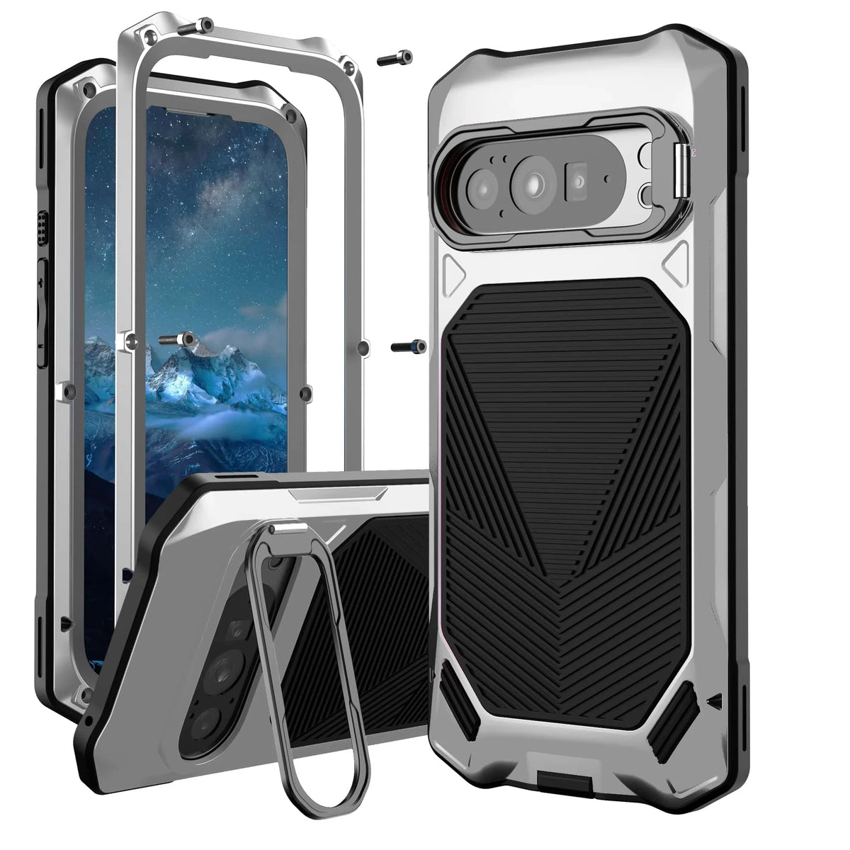 For Google Pixel 10 9 Pro XL Metal Case, Built-in Tempered Glass, Camera Stand, Heavy Duty Shockproof Dustproof Aluminum Cover