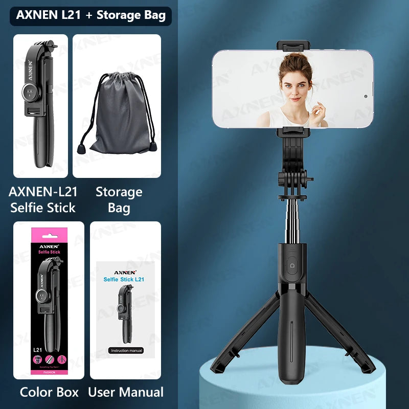 AXNEN L21 Phone Selfie Stick Cellphone Tripod with Extension Rod Bluetooth Remote Control for Android IOS Smartphone Shoot Vlog
