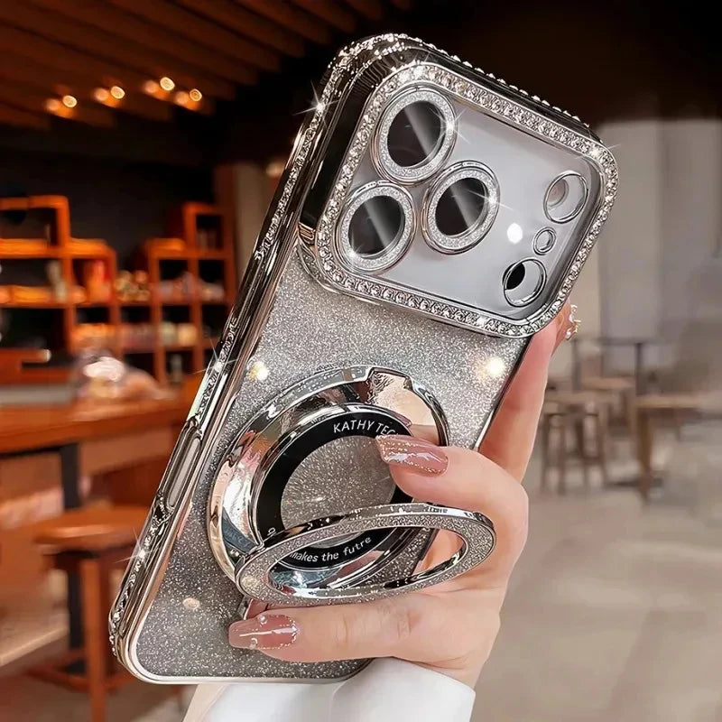 Transparent Diamond Glitter Magnetic Phone Case with Coating,Applicable iPhone 17 16 13 14 15 Pro Max Lens protection bracket ba