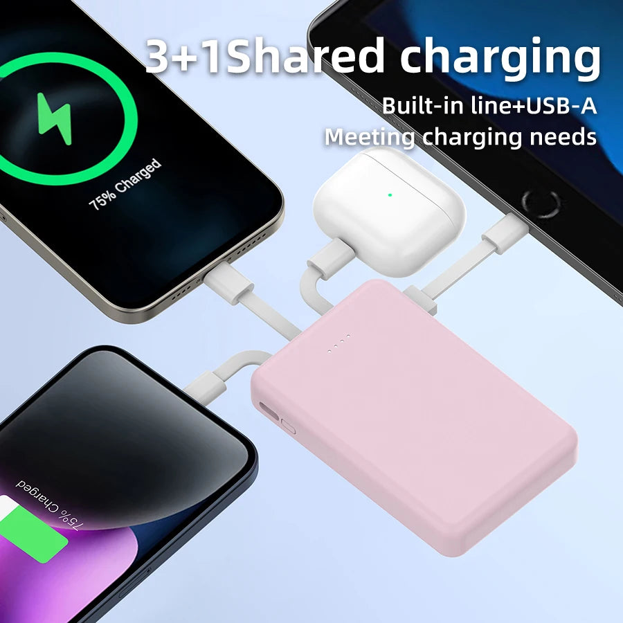 Mini 5000mAh Portable Power Bank With Built-in LED Digital Display, 1 USB-A Port and 3 Integrated Charging Cords, Ultra Compact External Battery Pack, Support Multiple Devices Simultaneous Charging Compatible With Android Sm