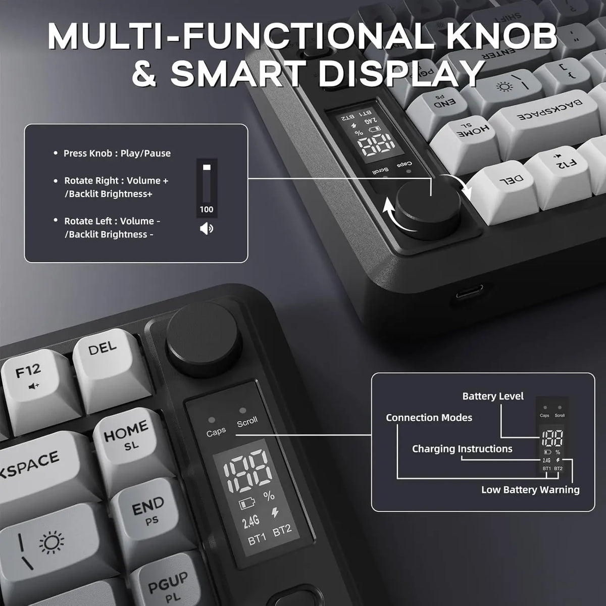ATTACK SHARK M75 Wireless Membrane Gaming Keyboard with Knob&OLED Display Bluetooth/2.4Ghz Rainbow Backlit Gradient PBT Keycaps