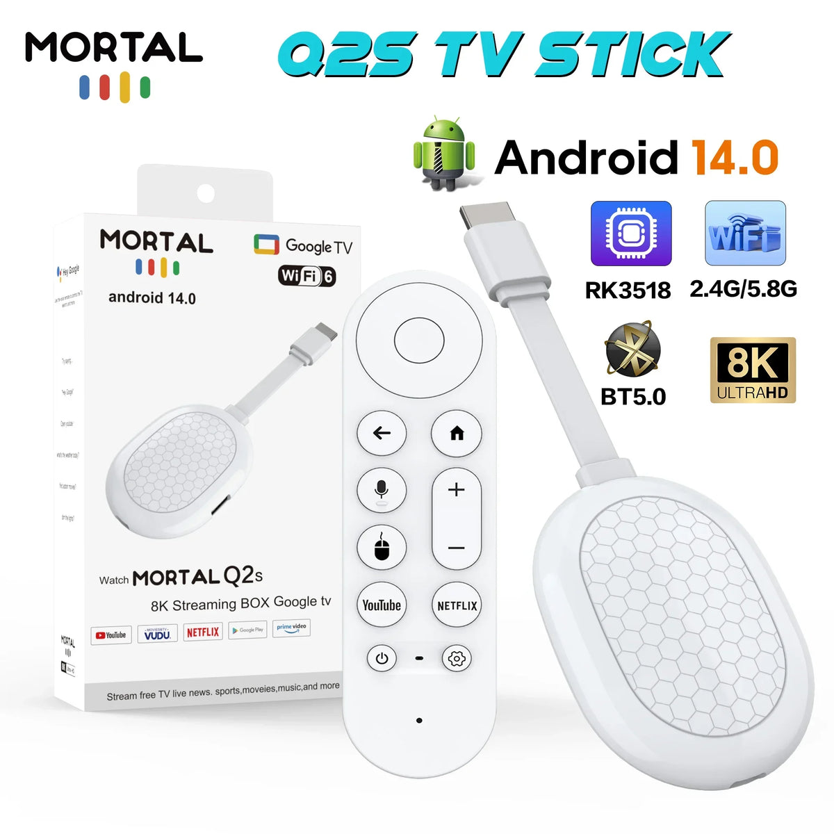 2026 Ultra HD 8K Android TV Stick Q2S Stick Mini Home TV Dongle RK3518 Quad-Core with Wi-Fi 6 Bluetooth 5.0 Media Player