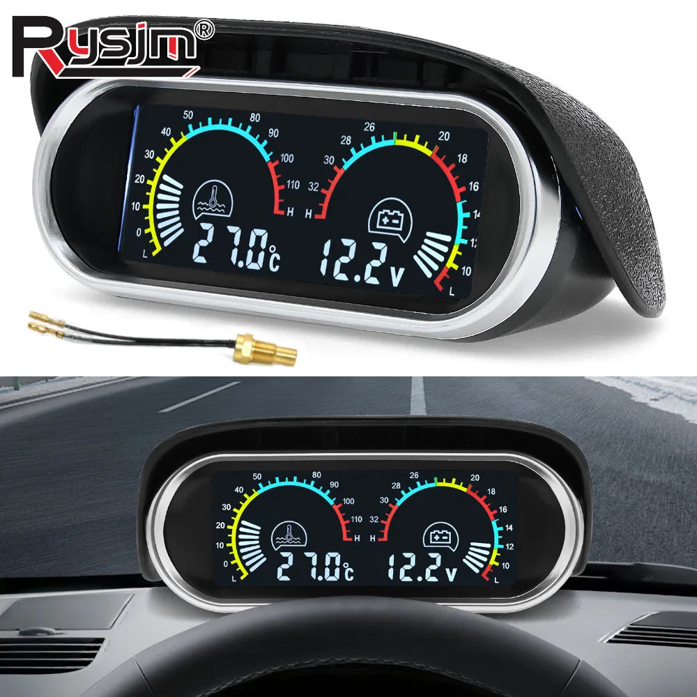 12V/24V 2 IN 1 Car Truck LCD Gauge Water Temperature Gauges +Voltmeter With 1/8 NPT Temp Sensor Water Temp Meter for Auto Cars