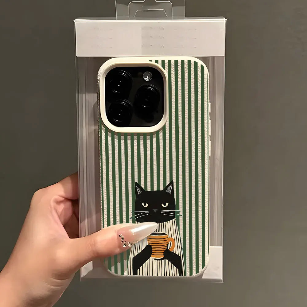 Funny Coffee Cat Pattern Lychee Soft Phone Case For iPhone 17 16 15 14 13 12 11 Pro Max 15 Plus 17 Air X Xs XR Shockproof Cover