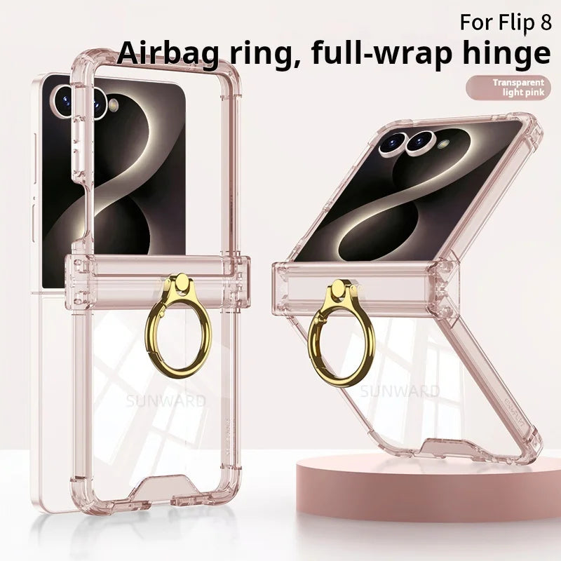 Luxury Airbag Hinge Protection Ring Holder Phone Case For Samsung Galaxy Z Flip 8 7 6 5 Z Flip7 FE Flip 8 Clear Shockproof Cover