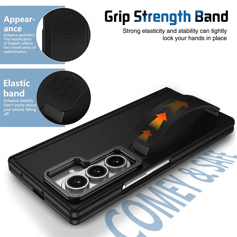 For Samsung Galaxy Z Fold 7 6 5 4 3 Wristband Hinge Lens Holder Phone Case Outer Screen Glass Film Protection Shockproof Cover