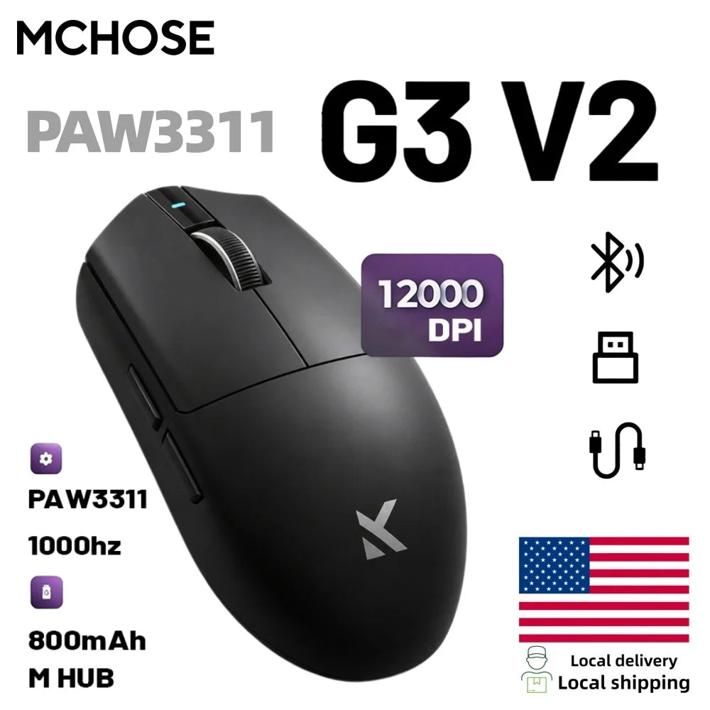 MCHOSE G3 V2 Wireless Gaming Mouse PAW 3311 Sensor Tri-mode 800mAh All-Around Grip Omron Mechanical Switches TTC Silver Wheel