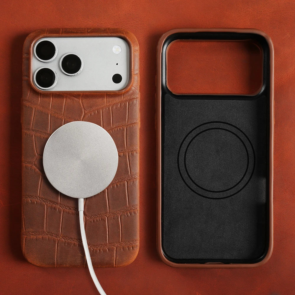 For Magsafe Case For iphone 16 15 17 Pro Max Air 17e 16e 14 Plus 13 12 Mini 11 Crazy Horse Crocodile Genuine Leather Back Cover
