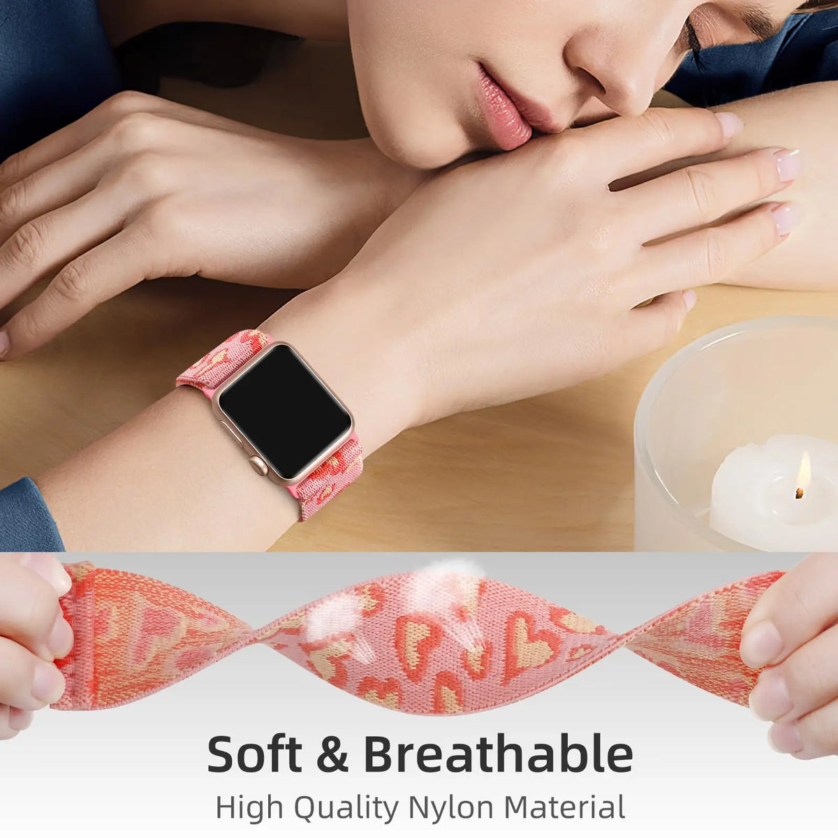 Soft Breathable Stretchy Nylon Solo Loop Band with Love/Flower Pattern - Elastic Braided, Compatible For Apple Watch 38mm-49mm