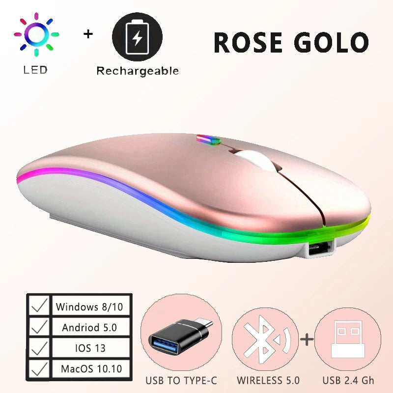 Wireless Rechargeable Mouse With LED Backlight Bluetooth With Type-C Adapter Gaming Mouse Suitable For MAC/Laptop/PC/Windows