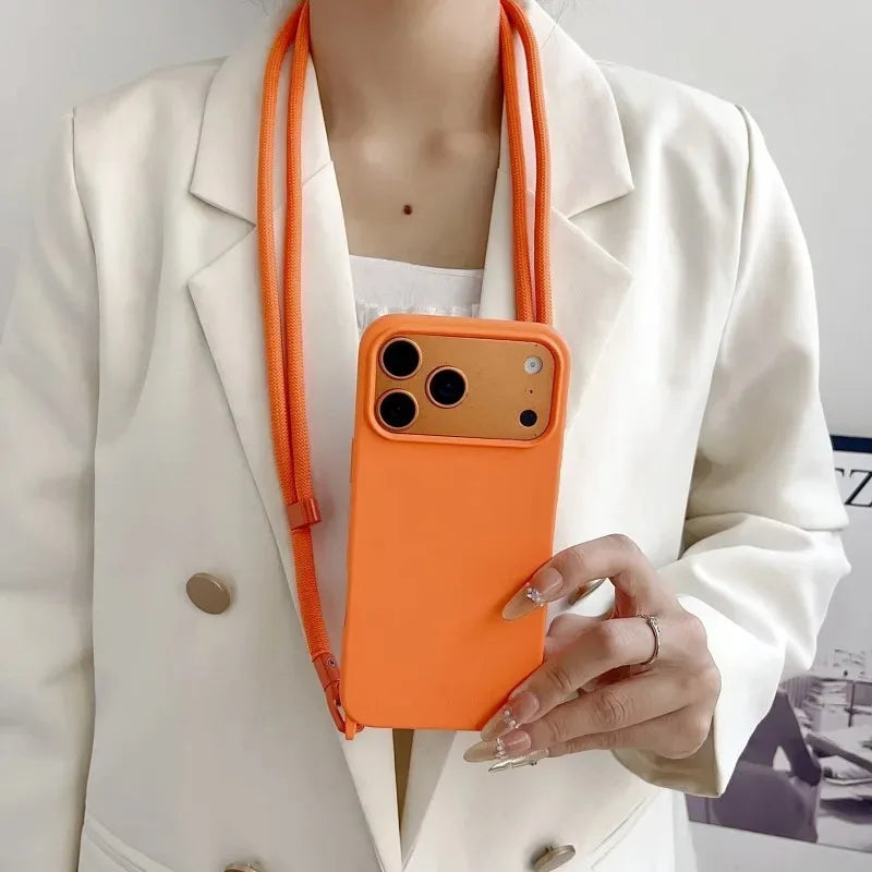 Original Silicone Lanyard Phone Case For iPhone 17 16 15 14 13 Pro Max 17Pro 16Pro Air Shockproof Crossbody Cord Strap Cover