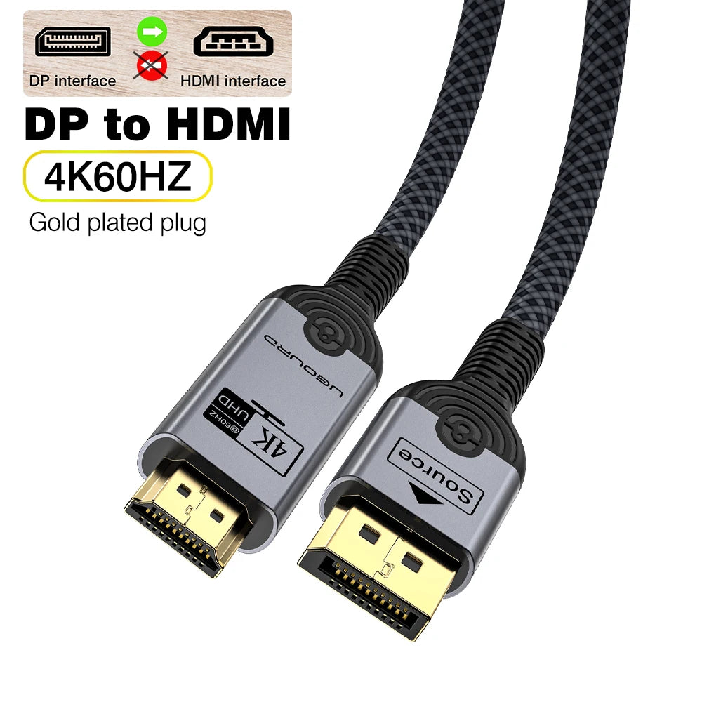 UGOURD 4K DP to HDMI 2.0 Compatible Cable 4K60Hz DisplayPort to HD Adapter Display Port Video Audio for PC TV Projector Laptop