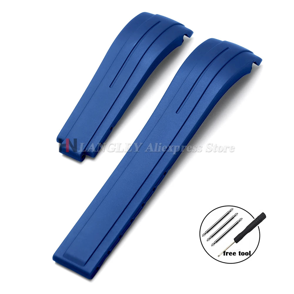 Curved Rubber Watch Bracelet 20mm 21mm 22mm for Rolex Green Water Ghost for Oysterflex Waterproof Silicone Folding Buckle Straps