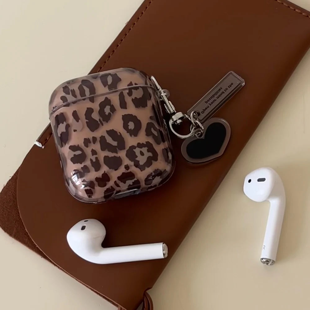 fashion luxury transparent leopard print pattern black love heart Pendant for airpods 4 3 1 pro 2 soft silicone protection case