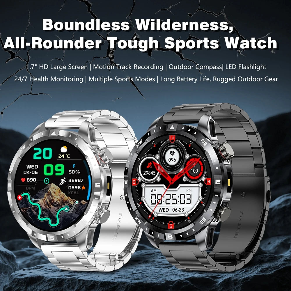 2026 New Military 1000mAh Battery Smart Watch 1.7-inch HD Large Screen LED Flashlight Sport Mode Bluetooth Call Smartwatch Men