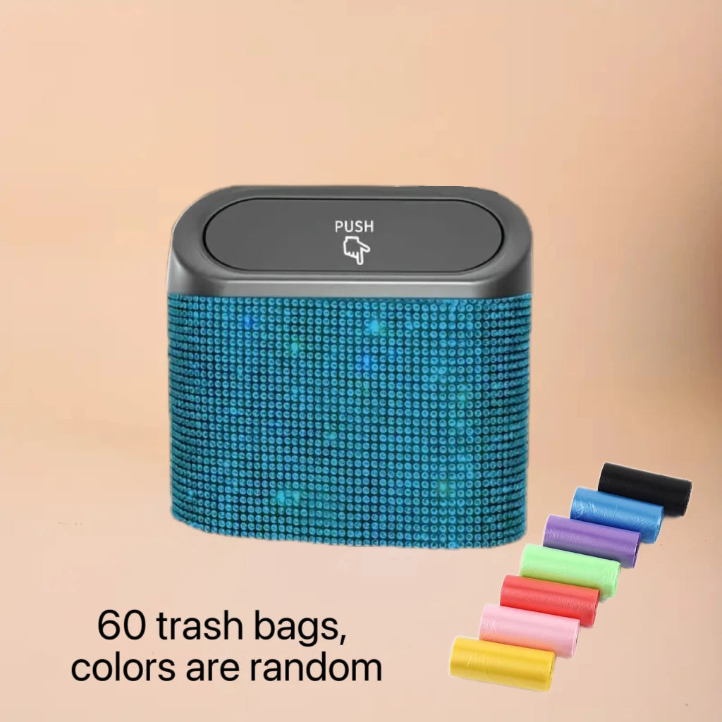 Artificial Rhinestone-Embellished Car Trash Can with 60 Dedicated Trash Bags, Car Interior Hanging Storage Box with Automatic Lid, Multifunctional Car Accessory