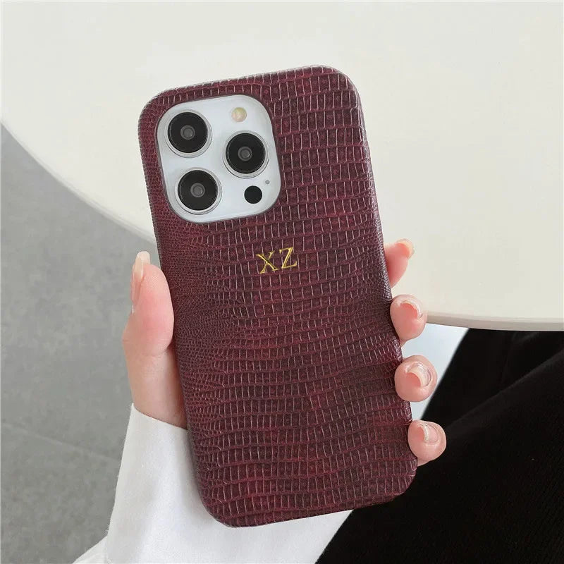 Personalise Gold Initials Letters Leather Cases For iPhone 17 Pro Max 16 Pro 15 14 13 Pro Max Luxury Lizard PU Hard Cover