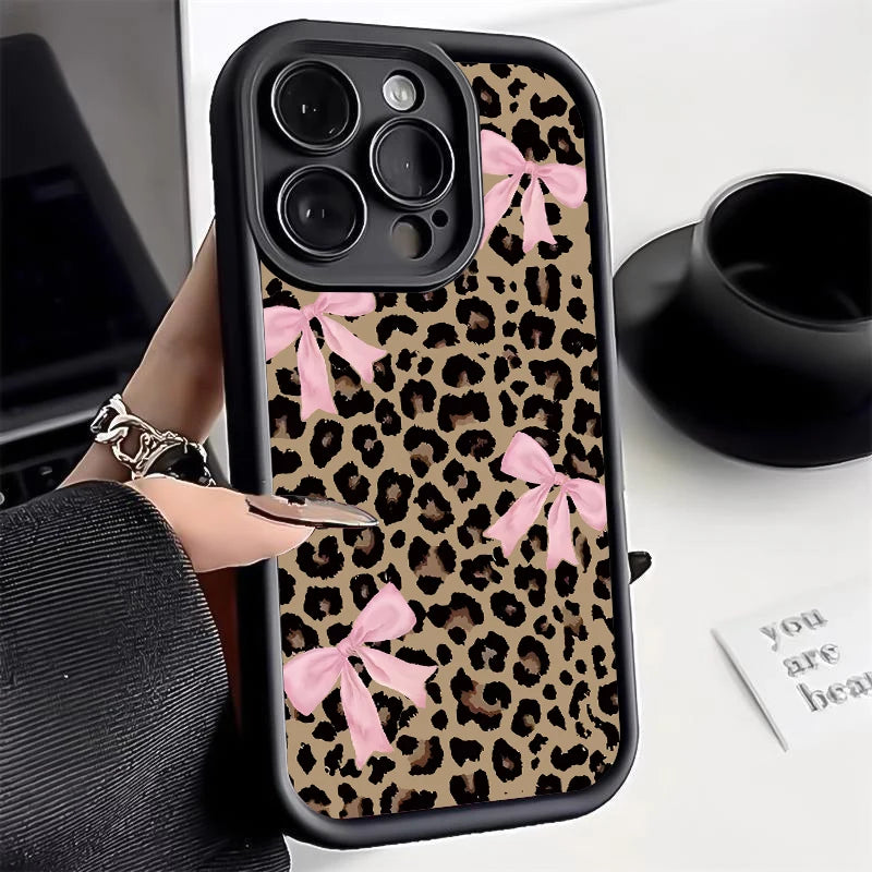 Leopard Print Bow case for iphone 11 12 13 14 15 16 17Pro Max Plus AIR Series Waterproof Shockproof Anti-Fall Scratch Resistant