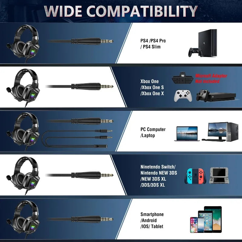 ONIKUMA K8 Wired Gaming Headset RGB Over Ear Headphones Flexible Microphone Surround Sound 3.5mm for PC PS4 Xbox Switch Gamer