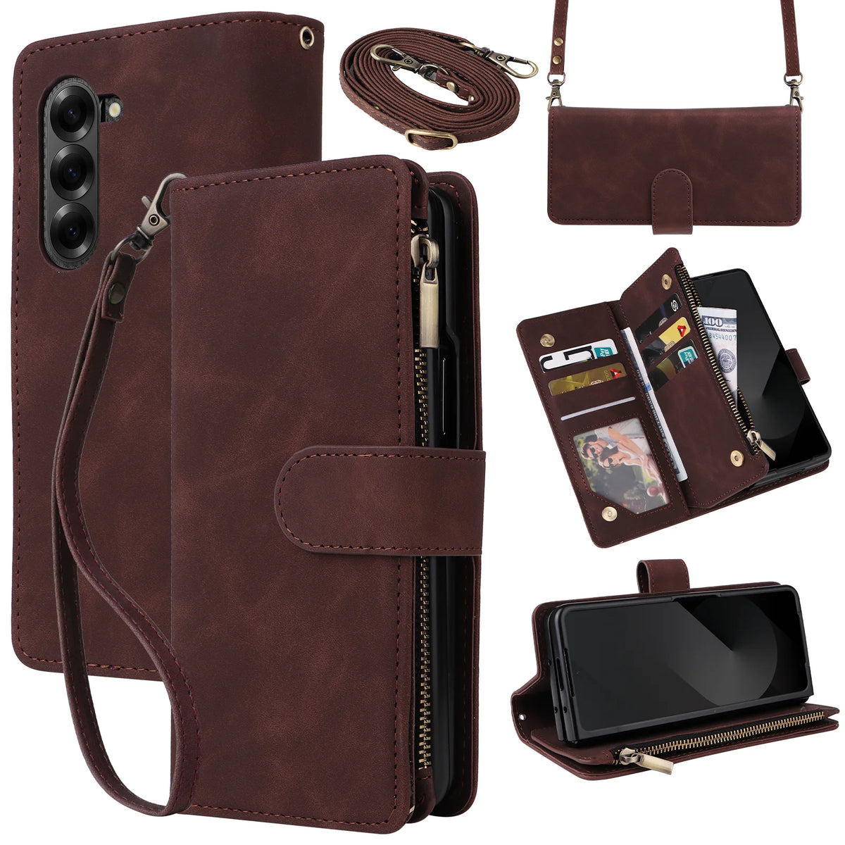 Premium Leather Business Phone Case For Samsung Galaxy Z Fold 8 Zipper Wallet Card Slots Magnetic Flip Cover For Fold 7 6 5 4 3
