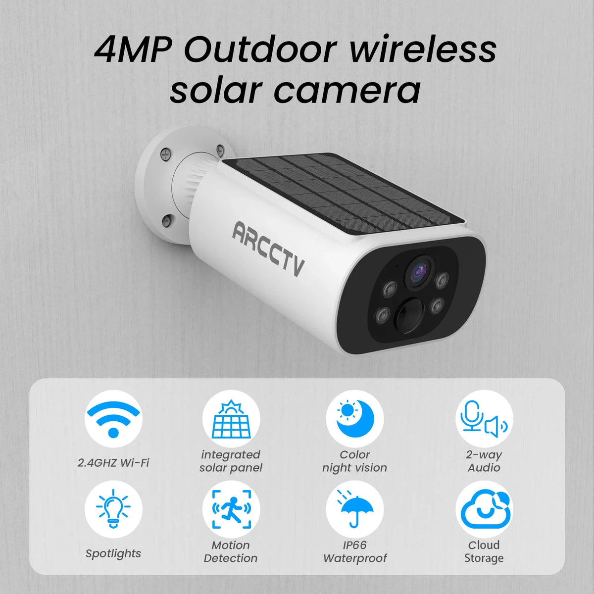 2.5K Solar Camera 4MP Outdoor Wifi Surveillance Camera Home Security Protection Built-in Battery PIR Detect Color Night Vision