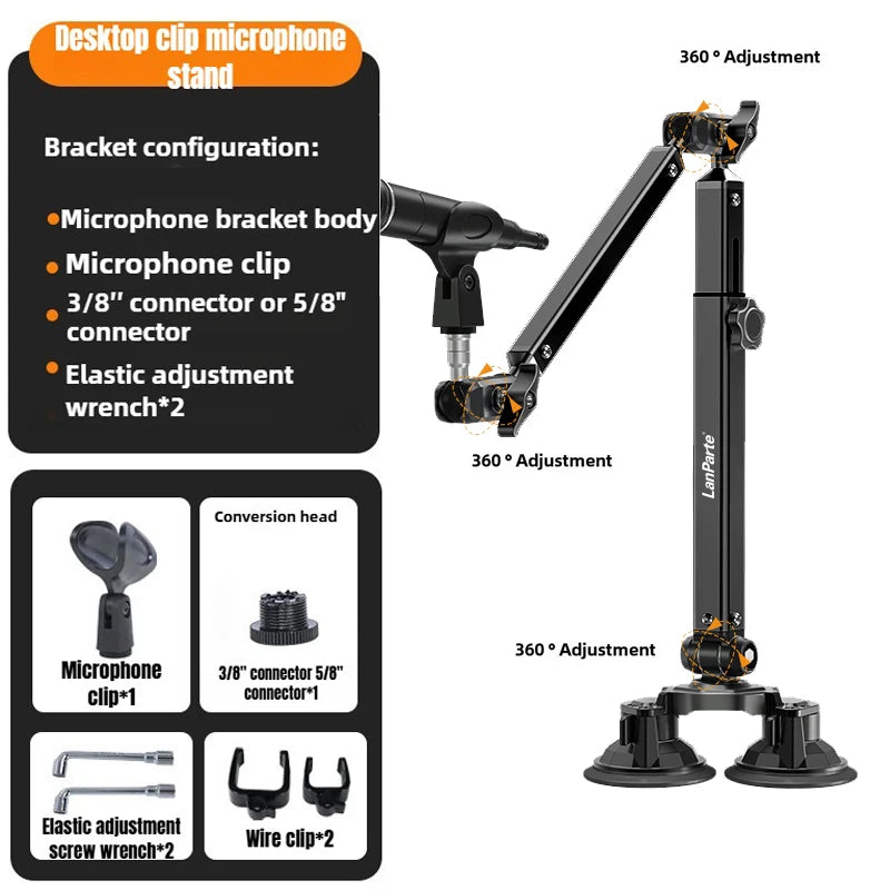Lanparte Adjustable Microphone Stand With Suction Cup Cable Management/Desk Mount, Suspension Boom Arm for K688 Ampligame AM8-BM