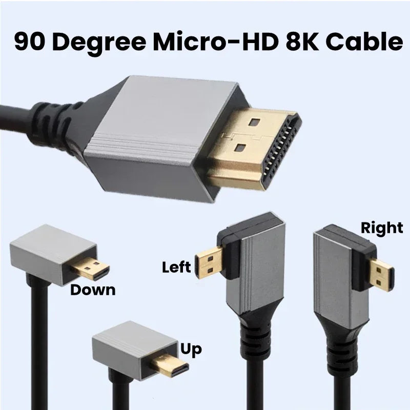 Mini/Micro HDMI-Compatible 8K UHD Cable 90 Degree Up/Down/Left/Right Angle HD Port Thin Cord for Laptop Camera Tablet Camcorder